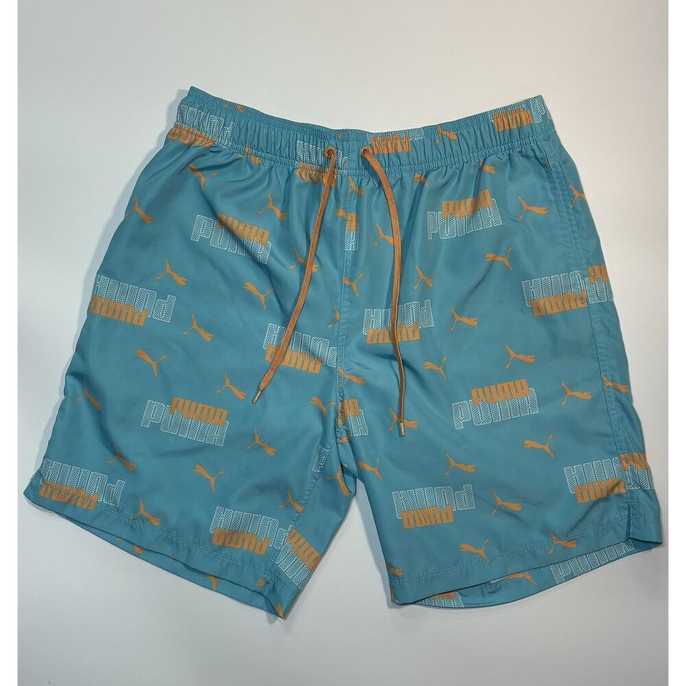 PUMA Men's Blue Orange Swim Shorts Logo Pattern Elastic Waist Pockets Size L